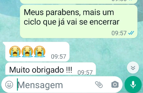 Agradecimento de aluno após conclusão de etapa acadêmica